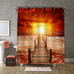 Wooden Pier for Boats in the Ocean Sunset Shower Curtain - Red Gold
