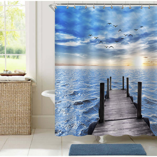 Old Wooden Boat Jetty on Blue Sea Wave Shower Curtain - Blue Brown