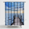 Old Wooden Boat Jetty on Blue Sea Wave Shower Curtain - Blue Brown