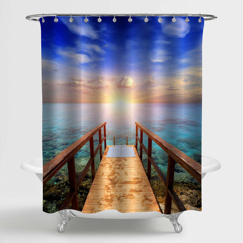 Wooden Bridge on Sea Against Sunset Shower Curtain - Multicolor