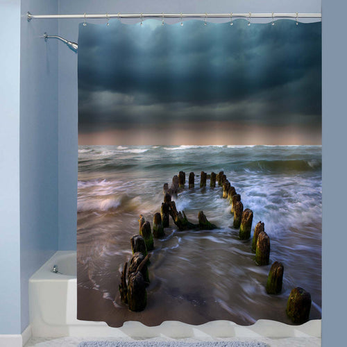 Broken Wooden Dock Near the Beach Shower Curtain - Blue Brown