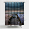 Broken Wooden Dock Near the Beach Shower Curtain - Blue Brown