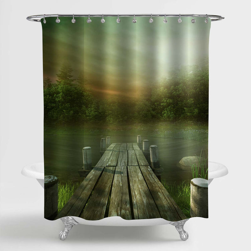 Lake and Wooden Jetty Shower Curtain - Green