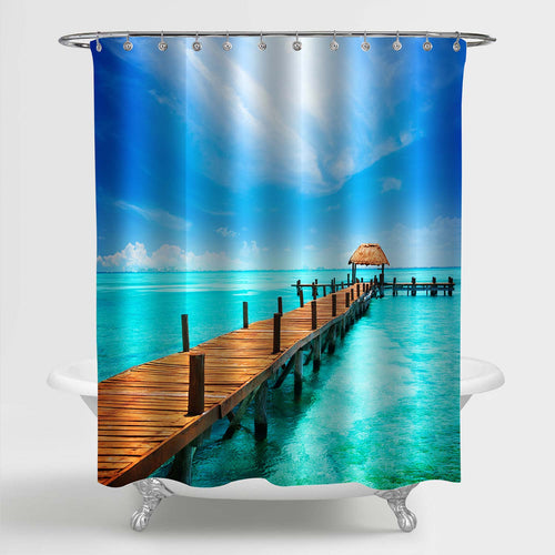 Tropical Resort Paradise Wooden Footbridge and Pier Shower Curtain - Blue Green