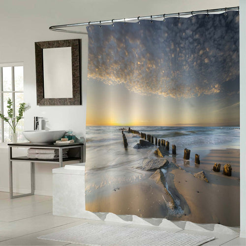 Offshore Breakwaters During Beautiful Sunset Shower Curtain - Brown Gold