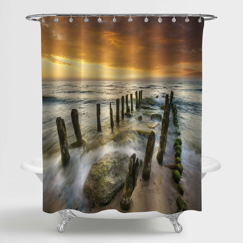 Abandon Jetty by Seaside During Sunset Shower Curtain - Gold Sand