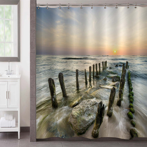 Abandon Wooden Pier Stretches Into the Sea Shower Curtain - Grey