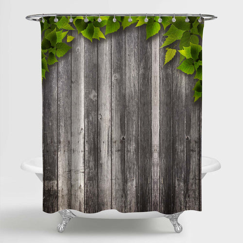 Green Foliage Over Aged Wooden Wall Shower Curtain - Green Grey