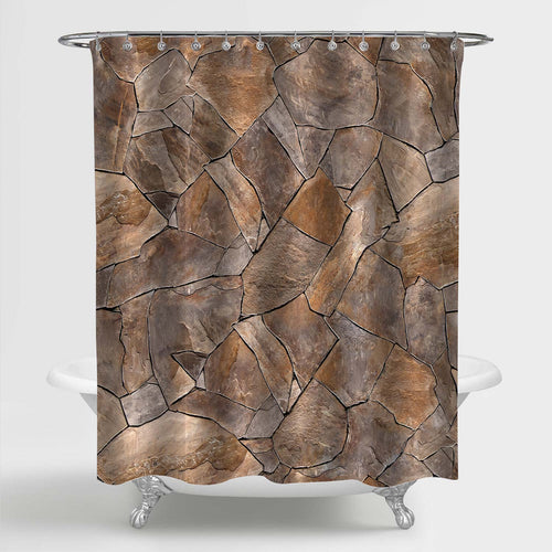 Masonry Wall of Multicolored Stones and Blocks Shower Curtain - Brown