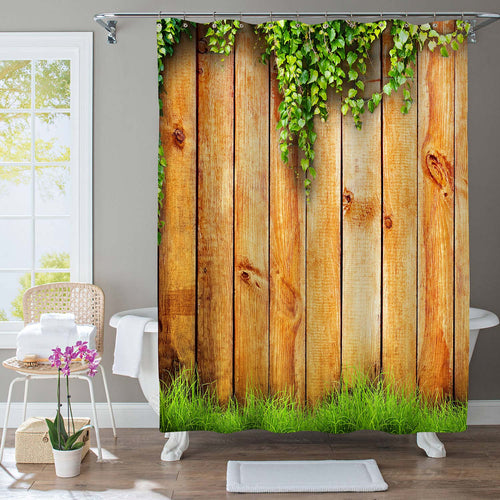 Fresh Spring Grass and Leaf Over Wood Fence Background Shower Curtain