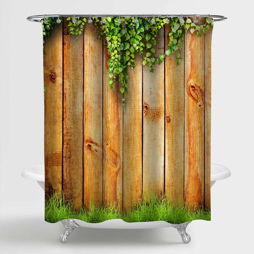 Fresh Spring Grass and Leaf Over Wood Fence Background Shower Curtain