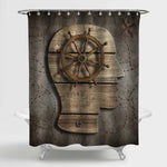 Old Steering Wheel Over Wood Head Silhouette Shower Curtain - Brown