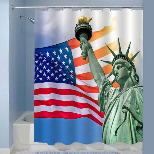 American Flag Waving in the Wind with Statue of Liberty Shower Curtain