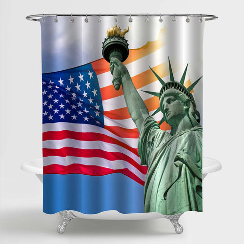 American Flag Waving in the Wind with Statue of Liberty Shower Curtain