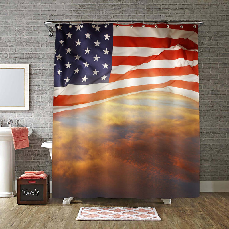 American Flag Fluttering in the Wind Against Evening Sky Shower Curtain