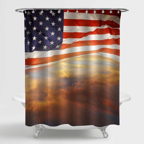 American Flag Fluttering in the Wind Against Evening Sky Shower Curtain