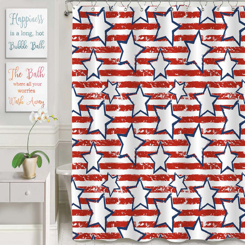 Watercolor Blue Star and Red Stripes Pattern Shower Curtain