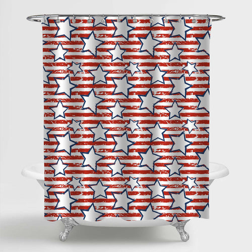 Watercolor Blue Star and Red Stripes Pattern Shower Curtain