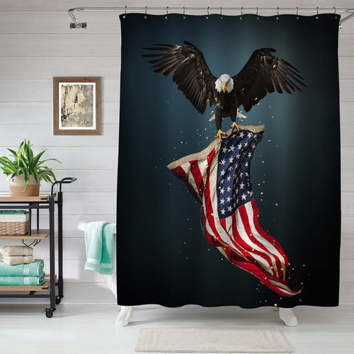 North American Bald Eagle Flying with American Flag Shower Curtain
