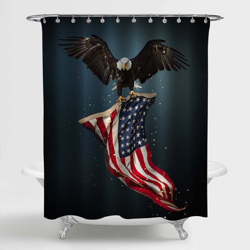 North American Bald Eagle Flying with American Flag Shower Curtain