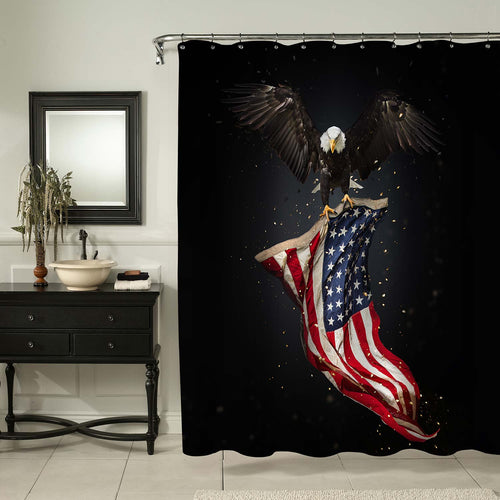 Flying North American Bald Eagle with American Flag Shower Curtain