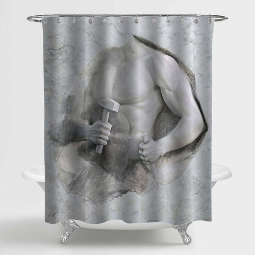 Athletic Man Cuts His Body of Marble Stone Shower Curtain - Grey