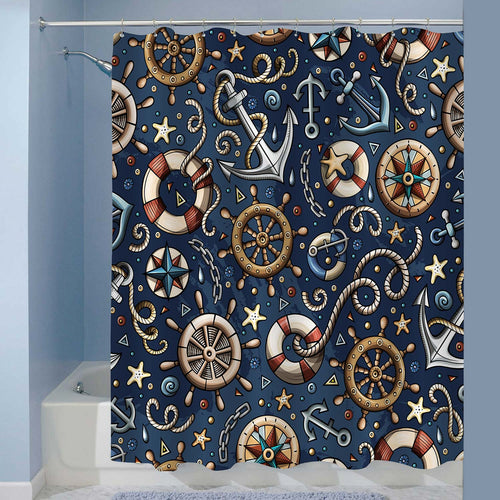 Cartoon Nautical Marine Pattern Shower Curtain - Dark Blue Brown