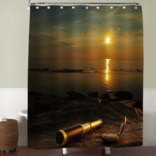 Antique Brass Telescope and Compass at Sea Coast Stone Evening Sunset Shower Curtain