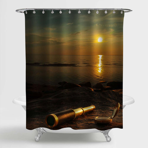 Antique Brass Telescope and Compass at Sea Coast Stone Evening Sunset Shower Curtain