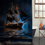 Sailing Pirate Ship with Fog and Starry Sky Shower Curtain - Navy Blue