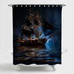 Sailing Pirate Ship with Fog and Starry Sky Shower Curtain - Navy Blue