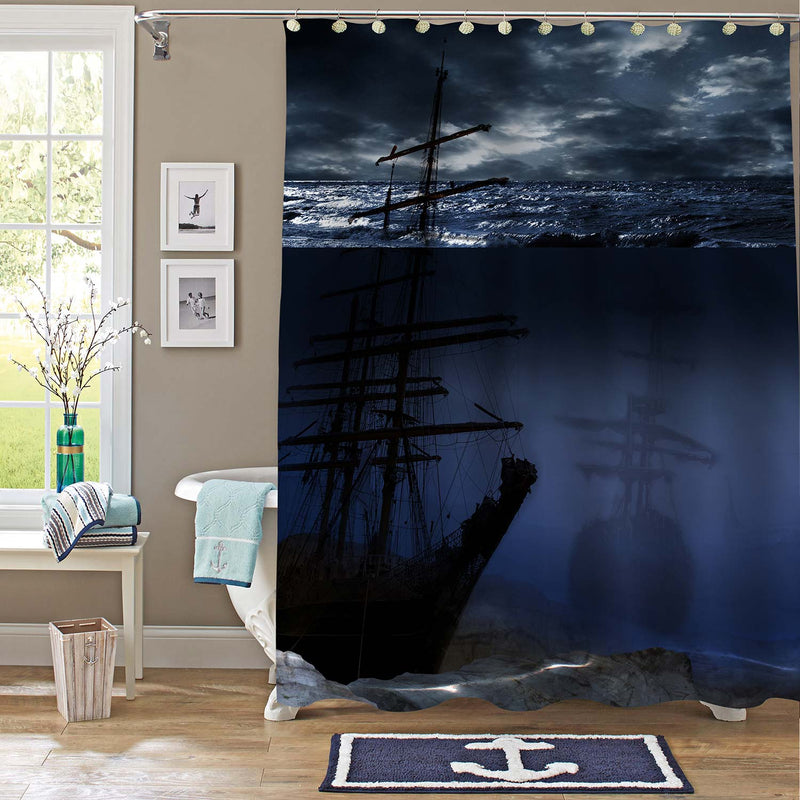 Forgotten Ancient Sailboat Under Ocean Waves Shower Curtain - Dark Blue