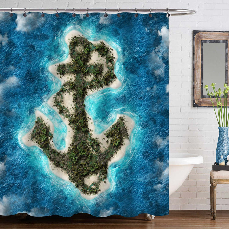 Lush Palm Trees on a Tropical Sandy Anchor Island Shower Curtain - Blue Green