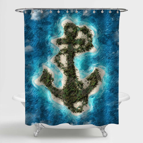 Lush Palm Trees on a Tropical Sandy Anchor Island Shower Curtain - Blue Green