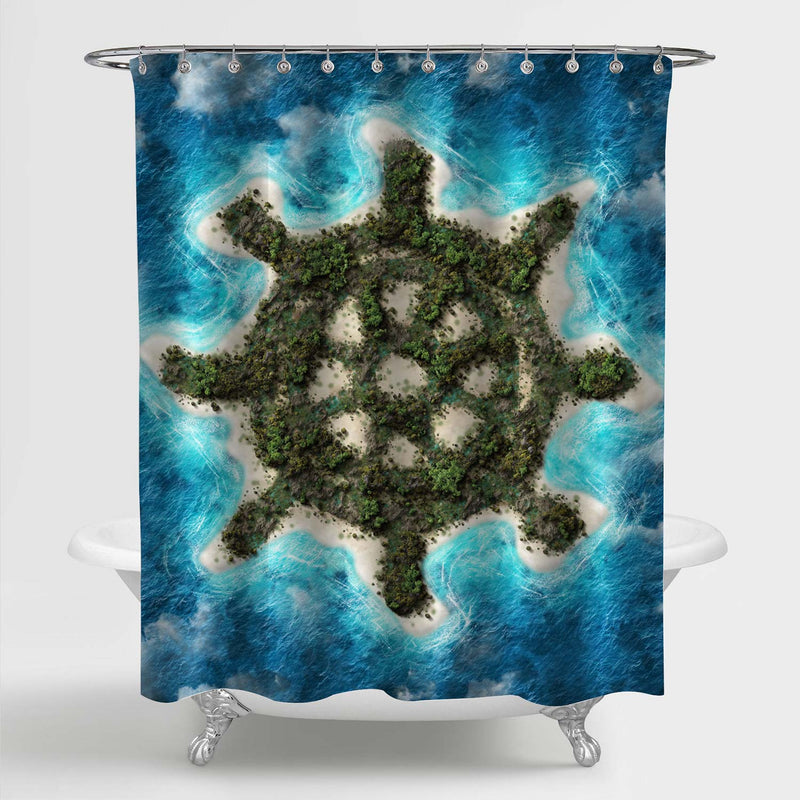 Lush Palm Trees on a Tropical Sandy Ship Steering Wheel Island Shower Curtain - Green Blue