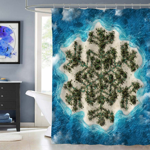 Tropical Island in Ocean with Trees as Snowflake Shower Curtain - Green Blue