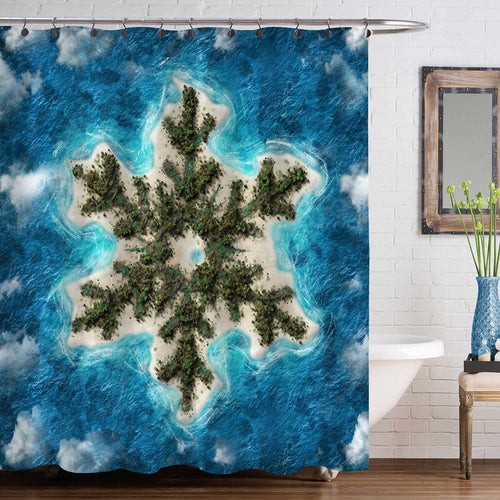 Aerial View of Amazing Fairy Tale Snowflake Island Shower Curtain - Green Blue