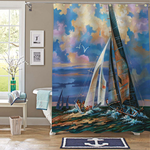 Sailing Regatta at Sunset Shower Curtain - Blue