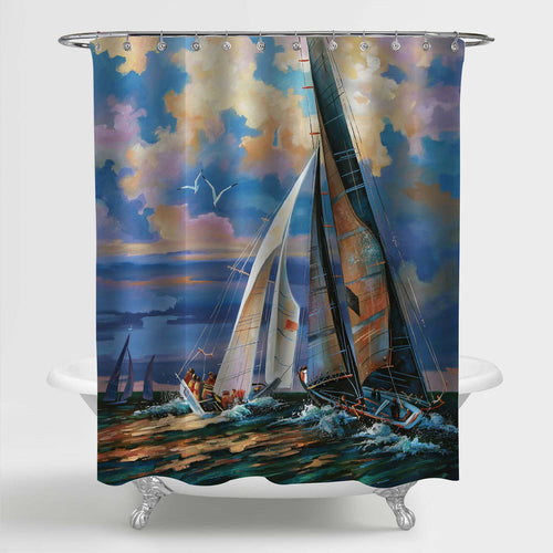 Sailing Regatta at Sunset Shower Curtain - Blue