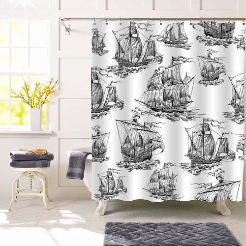 Ancient Sailboats Nautical Shower Curtain - Black White