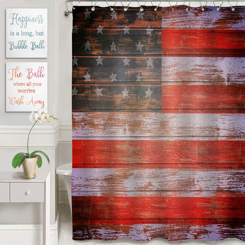 American Flag on Grunge Wooden Planks Shower Curtain - Blue Red