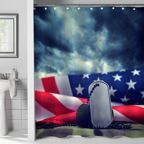 American Flag and Soldiers Badges Shower Curtain - Blue