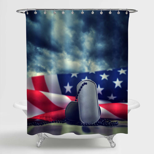 American Flag and Soldiers Badges Shower Curtain - Blue