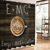 Funny Quoted Energy = Milk x Coffee2 on Wooden Planks Background Shower Curtain - Brown