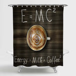 Funny Quoted Energy = Milk x Coffee2 on Wooden Planks Background Shower Curtain - Brown