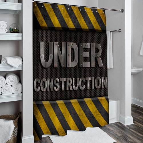 Under Construction Metal Text with Rivets Over Grid Shower Curtain - Yellow Black
