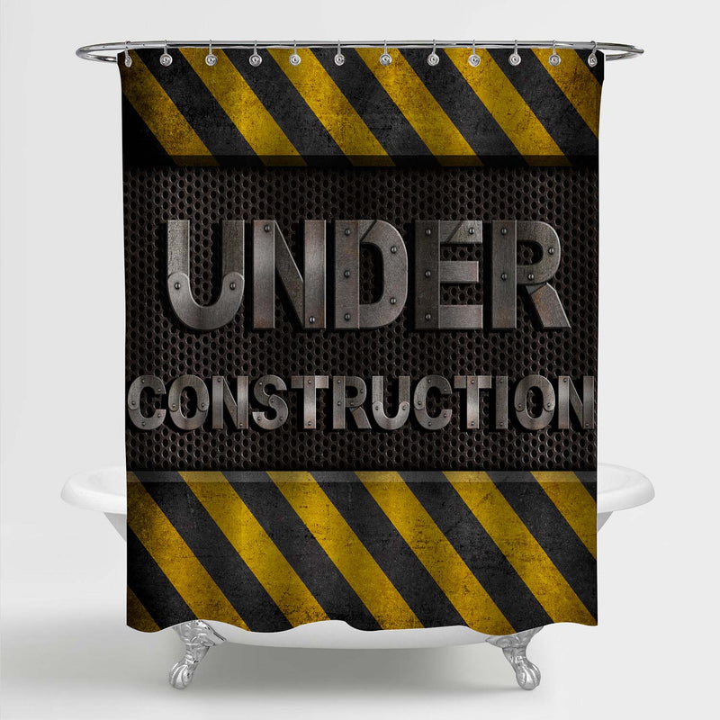 Under Construction Metal Text with Rivets Over Grid Shower Curtain - Yellow Black