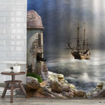 Flying Dutchman Pirate Ship Anchored in the Bay of a Fort Shower Curtain - Blue Grey