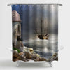 Flying Dutchman Pirate Ship Anchored in the Bay of a Fort Shower Curtain - Blue Grey