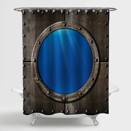 Rusty Metal Battleship Porthole with Ocean Underwater View Shower Curtain - Grey Blue